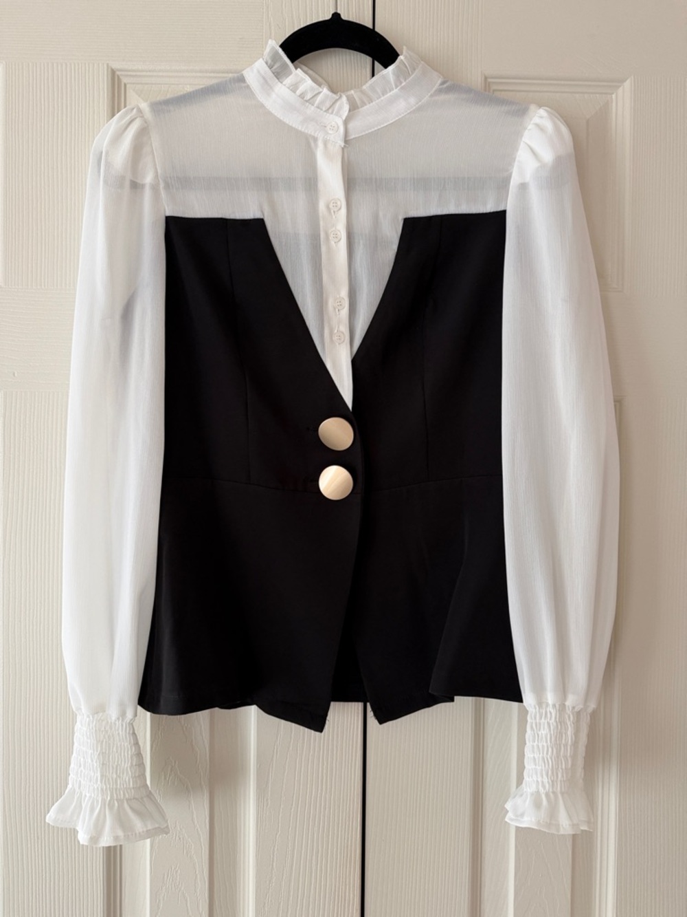 SHEIN Black Bodice White Sheer Puff Sleeve Blouse
